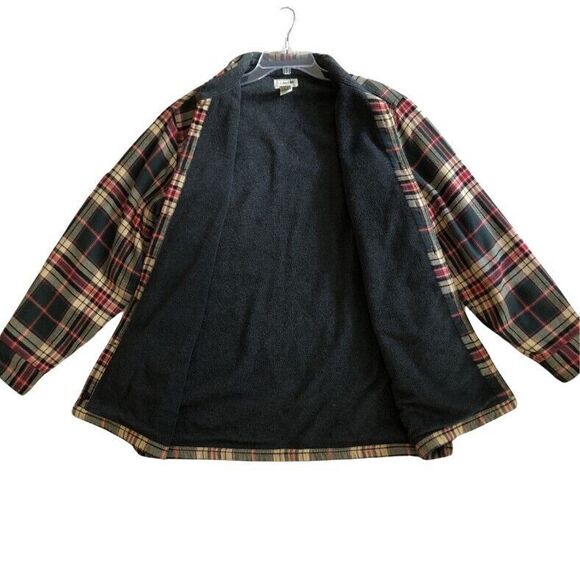 LL Bean Flannel Shacket Mens M Olive Plaid Fleece Lined Button Up Shirt Jacket - Picture 7 of 12